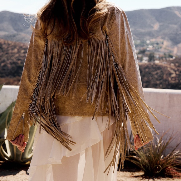 12th Tribe Phoenix Taupe Vegan Leather Moto Fringe Jacket Size MM - Picture 3 of 3